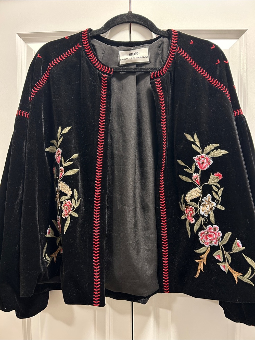 Hilary Radley Black Velvet Embroidered Floral Jacket with Red Trim